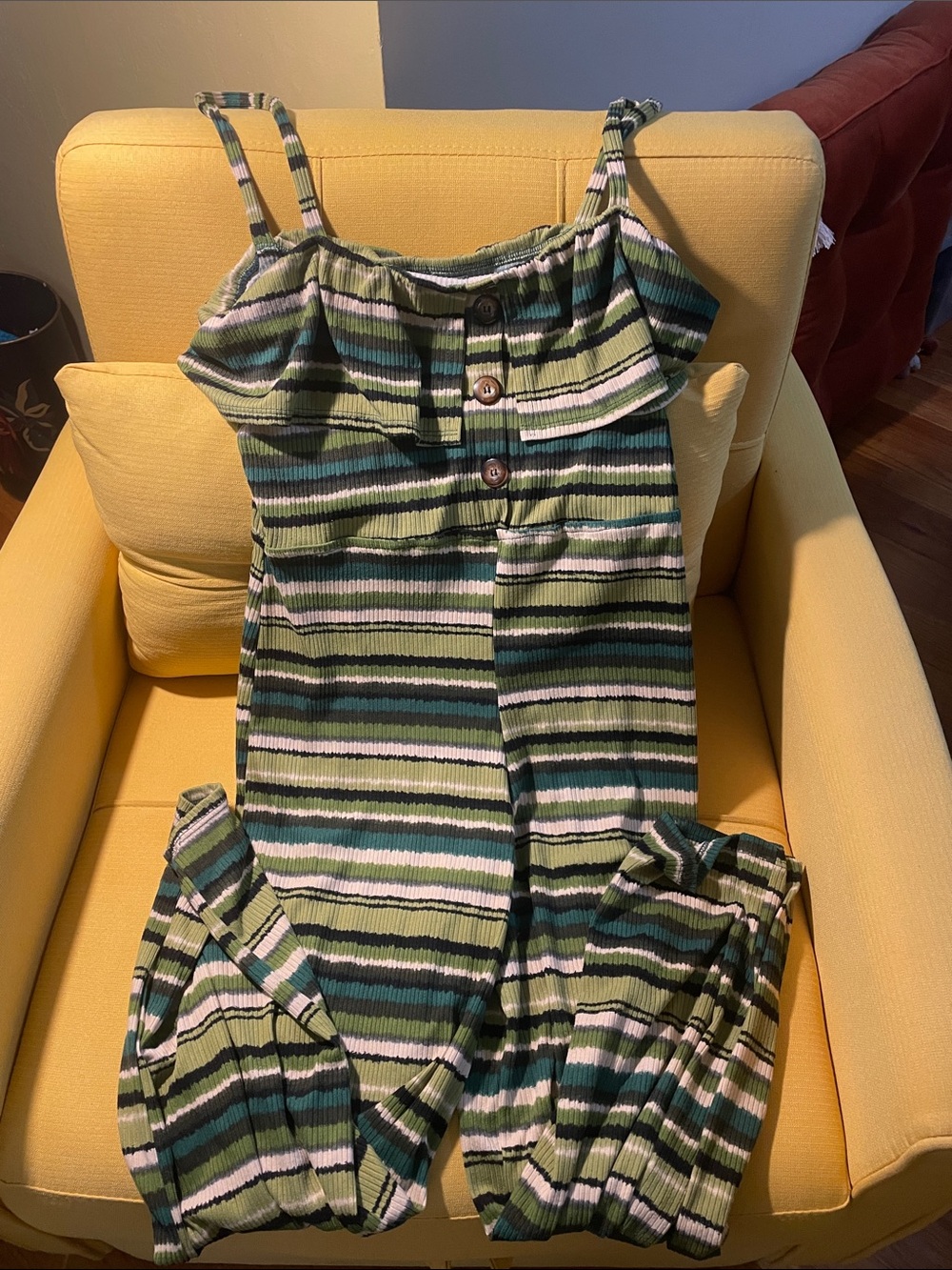 Velvet Torch Los Angeles Striped Green Spaghetti-Strap Cropped Jumpsuit